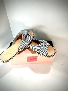 kate spade Black & White Striped Bow Slide Mules NIB